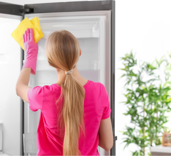 woman wiping down fridge