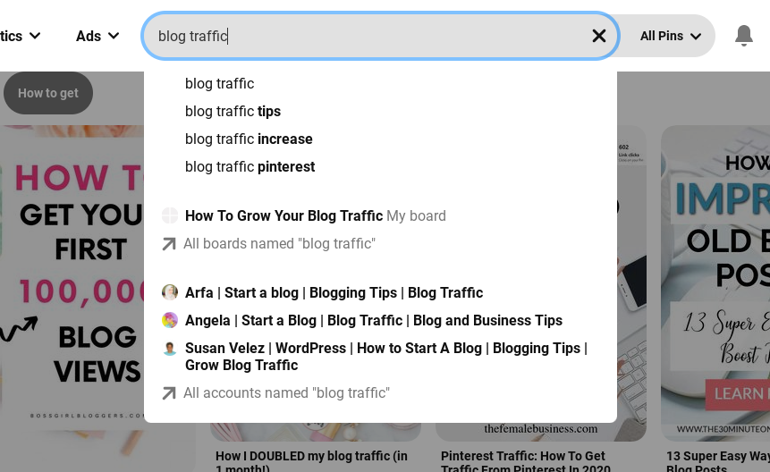 look for keywords in the search bar for pinterest to optimize your pinterest boards